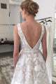 A-Line V-Neck Backless Sweep Train Ivory Wedding Dress with Embroidery OHD015 | Cathyprom