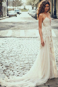 A-Line Spaghetti Straps Bohemian Beach Wedding Dress with Lace Appliques OHD021 | Cathyprom