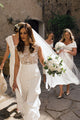 Sheath Bateau Cap Sleeves Sweep Train Lace Wedding Dress with Split OHD023 | Cathyprom