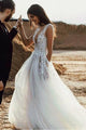 A-Line Deep V-Neck Sweep Train Wedding Dress with Appliques Split OHD024 | Cathyprom