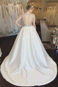 A-Line V-Neck Open Back Sweep Train White Satin Wedding Dress with Beading Pockets OHD007 | Cathyprom
