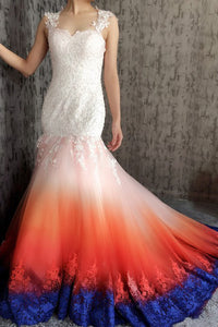 Mermaid Scoop Open Back Sweep Train Ombre Wedding Dress with Appliques Beading OHD025 | Cathyprom