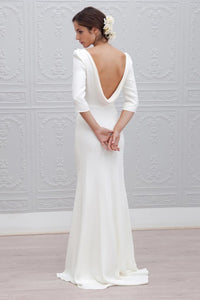 Sheath Bateau Backless 3/4 Sleeves Sweep Train Beach Wedding Dress OHD054 | Cathyprom