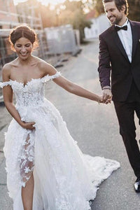 Sleeveless A-Line Off-the-Shoulder Sweep Train Wedding Dress with Appliques OHD056 | Cathyprom