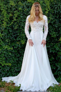 A-Line V-Neck Long Sleeves Sweep Train Wedding Dress with Appliques OHD066 | Cathyprom