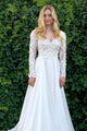 A-Line V-Neck Long Sleeves Sweep Train Wedding Dress with Appliques OHD066 | Cathyprom