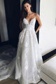 A-Line Spaghetti Straps Chapel Train Backless Ivory Tulle Weeding Dress with Appliques OHD221