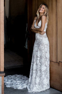 Romantic A-Line Spaghetti Straps Court Train Ivory Backless Lace Bohemian Wedding Dress OHD224