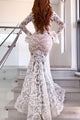Sexy Mermaid Deep V-Neck Sweep Train Long Bell Sleeves White Split Lace Wedding Dress OHD228