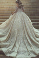 Ball Gown Jewel Chapel Train Long Sleeves White Lace Wedding Dress with Appliques OHD230