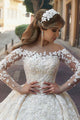 Ball Gown Jewel Chapel Train Long Sleeves White Lace Wedding Dress with Appliques OHD230