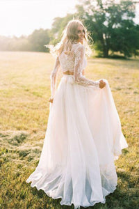 Two Piece Round Neck Long Sleeves Beach Wedding Dress With Lace OHD027 | Cathyprom