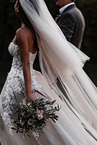 Modest Sweetheart Court Train Sleeveless Tulle Wedding Dress with Appliques OHD118 | Cathyprom
