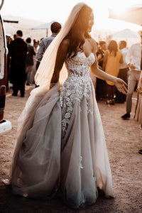 Modest Sweetheart Court Train Sleeveless Tulle Wedding Dress with Appliques OHD118 | Cathyprom