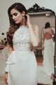 Mermaid Crew Open Back Sweep Train Wedding Dress with Appliques Ruffles OHD079 | Cathyprom