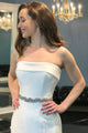 Simple Mermaid Strapless Sweep Train Satin Sleeveless Long Wedding Dress with Beading OHD240