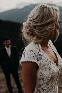 Mermaid V-Neck Cap Sleeves Backless Sweep Train Lace Wedding Dress Bohemian Wedding Dress OHD239