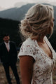 Mermaid V-Neck Cap Sleeves Backless Sweep Train Lace Wedding Dress Bohemian Wedding Dress OHD239