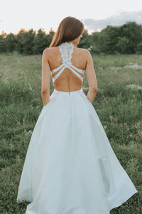 Two Piece Jewel Open Back Lace Top Floor Length Wedding Dress with Beading Pockets OHD249