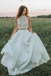 Two Piece Jewel Open Back Lace Top Floor Length Wedding Dress with Beading Pockets OHD249