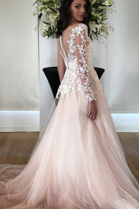 A-Line Bateau Long Sleeves Pearl Pink Appliqued Wedding Dress Bridal G cathyprom A-Line Bateau Long Sleeves Pearl Pink Appliqued Wedding Dress Bridal G cathyprom