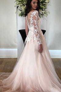 A-Line Bateau Long Sleeves Pearl Pink Appliqued Wedding Dress Bridal Gown with Pockets OHD247