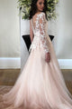 A-Line Bateau Long Sleeves Pearl Pink Appliqued Wedding Dress Bridal Gown with Pockets OHD247