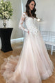 A-Line Bateau Long Sleeves Pearl Pink Appliqued Wedding Dress Bridal Gown with Pockets OHD247