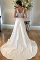A-Line V-Neck Sweep Train Appliqued Sleeveless Satin Wedding Dress with Pockets OHD114 | Cathyprom