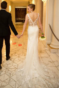 Mermaid/Trumpet V-Neck Sweep Train Appliqued Long Tulle Wedding Dress Bridal Gown OHD244
