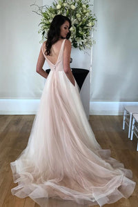 A-Line V-Neck Backless Sleeveless Sweep Train Tulle Wedding Dress with Pockets OHD115 | Cathyprom