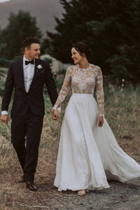 Romantic A-Line Jewel Open Back Long Sleeves Floor-Length Appliqued Beach Wedding Dress OHD268
