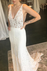 Mermaid V-Neck Backless Sweep Train Lace Bohemian Wedding Dress with Split OHD263