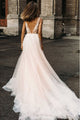 Charming A-Line V-Neck Backless Sweep Train Pearl Pink Appliqued Beach Wedding Dress OHD265