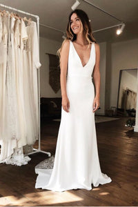 Mermaid V-Neck Backless Sweep Train Wedding Dress with Appliques OHD259