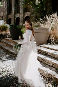 A-Line Round Neck Long Sleeves Open Back Wedding Dress with Lace OHD258