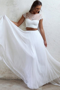 Two Piece Round Neck Cap Sleeves Beach Wedding Dress with Lace OHD257