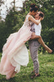 A-Line V-Neck Backless Sweep Train Pink Wedding Dress with Appliques OHD255