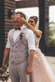 A-Line V-Neck Backless Sweep Train Pink Wedding Dress with Appliques OHD255