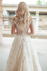 A-Line Off-the-Shoulder Long Sleeves Appliqued Wedding Dress with Beading OHD253