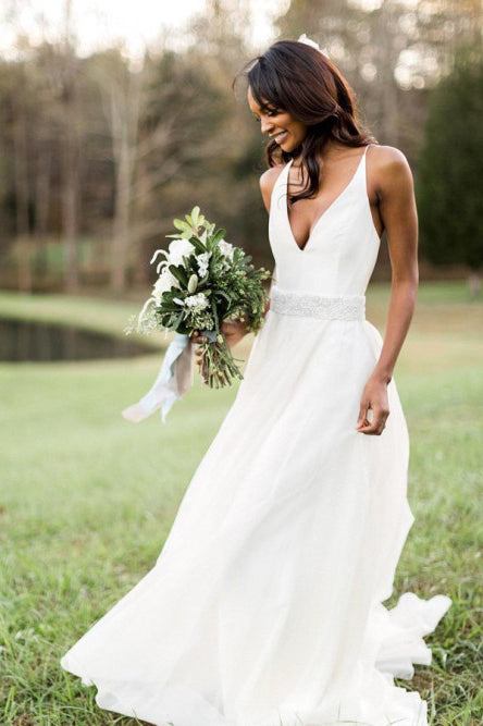 Cheap A-Line V-Neck Sweep Train White Chiffon Beach Wedding Dress with – cathyprom