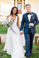 Cheap A-Line V-Neck Sweep Train White Chiffon Beach Wedding Dress with Beading OHD266