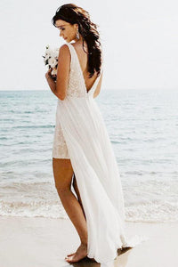 A-Line V-Neck Backless Detachable Train Sequined Beach Wedding Dress OHD028 | Cathyprom