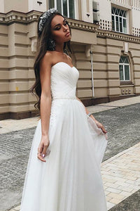 A-Line Sweetheart Sweep Train Tulle Wedding Dress with Appliques Beading OHD036 | Cathyprom