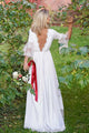 A-Line V-Neck Backless 3/4 Sleeves Satin Wedding Dress with Lace OHD042 | Cathyprom