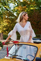 A-Line V-Neck Backless 3/4 Sleeves Satin Wedding Dress with Lace OHD042 | Cathyprom