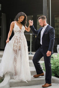 Tulle A-Line Spaghetti Straps Floor-Length White Wedding Dress with Appliques OHD045 | Cathyprom