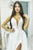 A-Line V-Neck Sweep Train White Lace Wedding Dress with Split OHD046 | Cathyprom