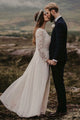 Long Sleeves A-Line Bateau Floor-Length Chiffon Wedding Dress with Lace OHD049 | Cathyprom