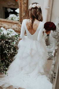 Long Sleeves A-Line Bateau Sweep Train Tulle Wedding Dress OHD047 | Cathyprom